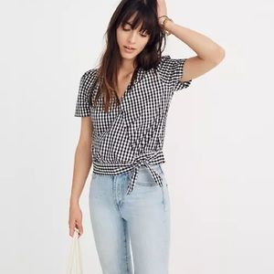 Short-Sleeve Wrap Top in Gingham Check Madewell